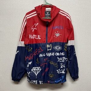 Screenshot Lightweight Graffiti Print Windbreaker Jacket Hooded Medium Red Navy